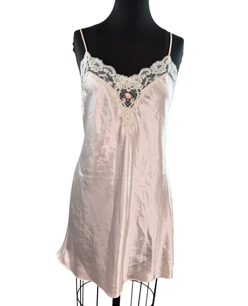 VTG California Dynasty Pink Slip Dress Floral Lace Sweetheart Spaghetti Small S